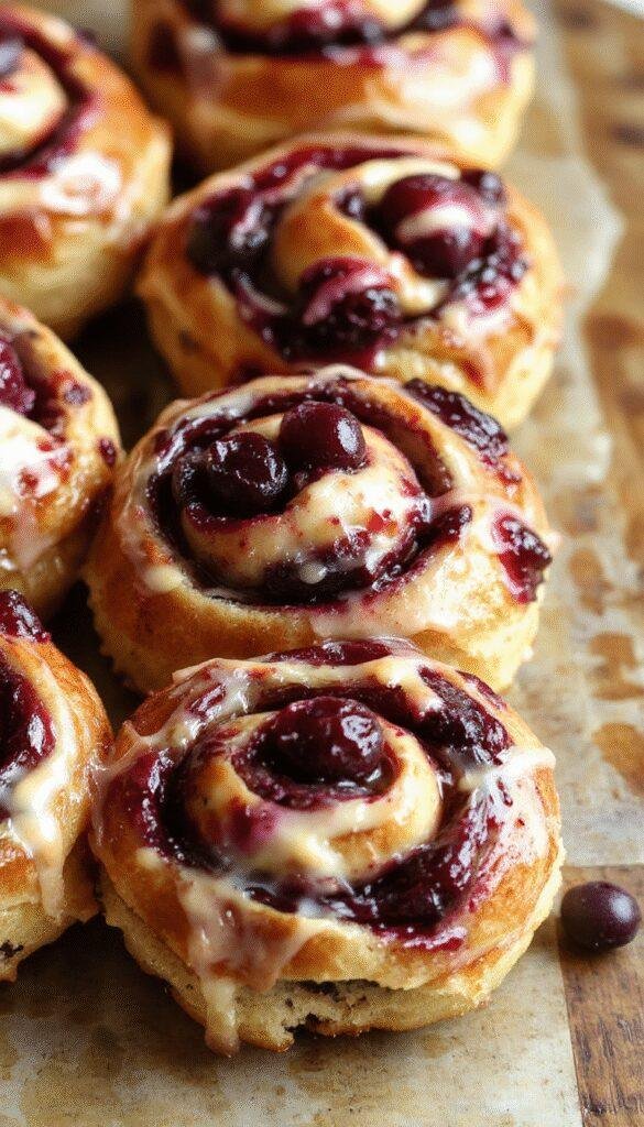 Golden baked wild blueberry and ricotta sweet buns with powdered sugar topping, displayed on a rustic wooden tray.