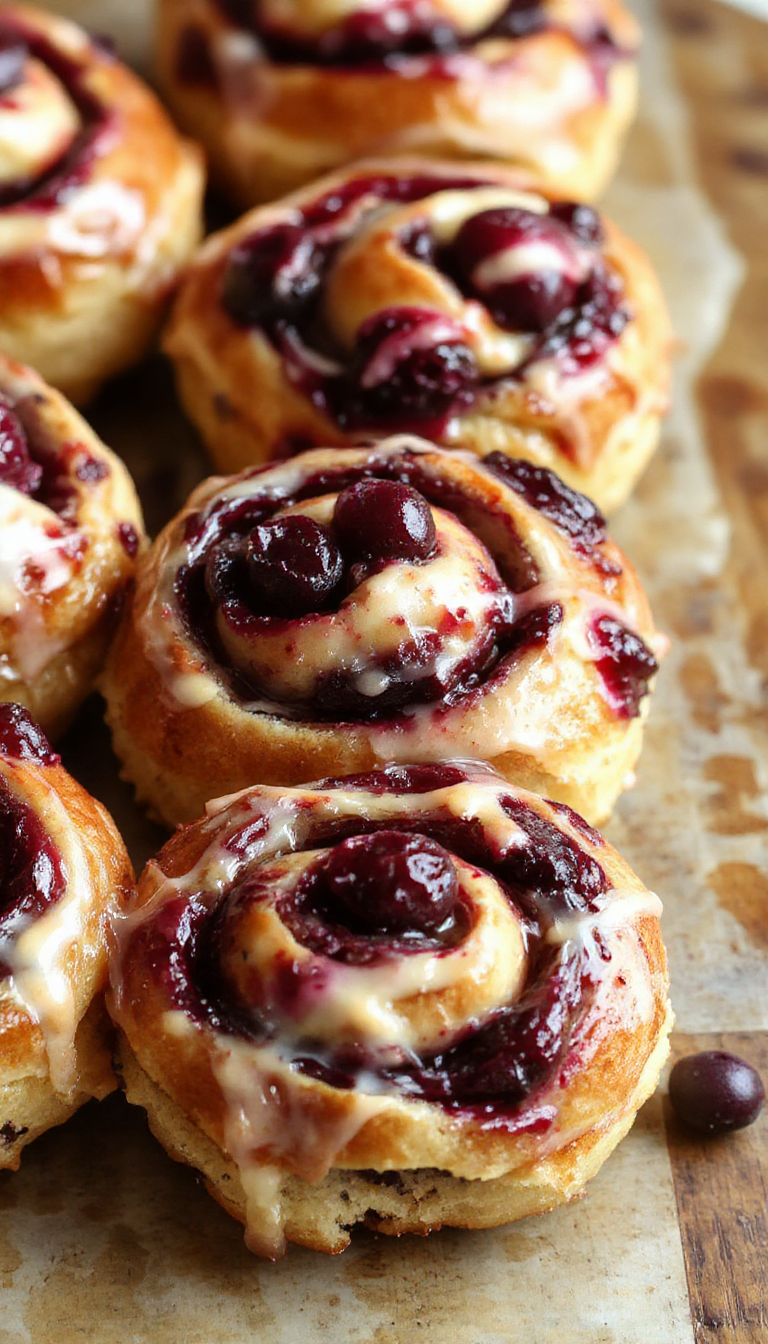 Golden baked wild blueberry and ricotta sweet buns with powdered sugar topping, displayed on a rustic wooden tray.