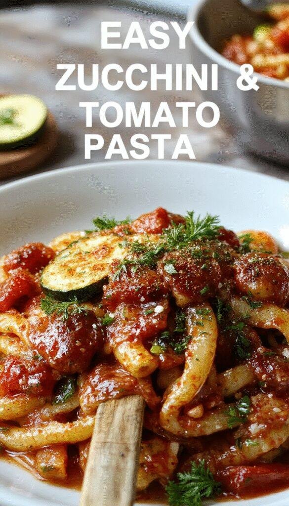 A vibrant plate of Easy Zucchini and Tomato Pasta featuring fresh zucchini slices, ripe cherry tomatoes, and sprinkled herbs, served on a white plate.