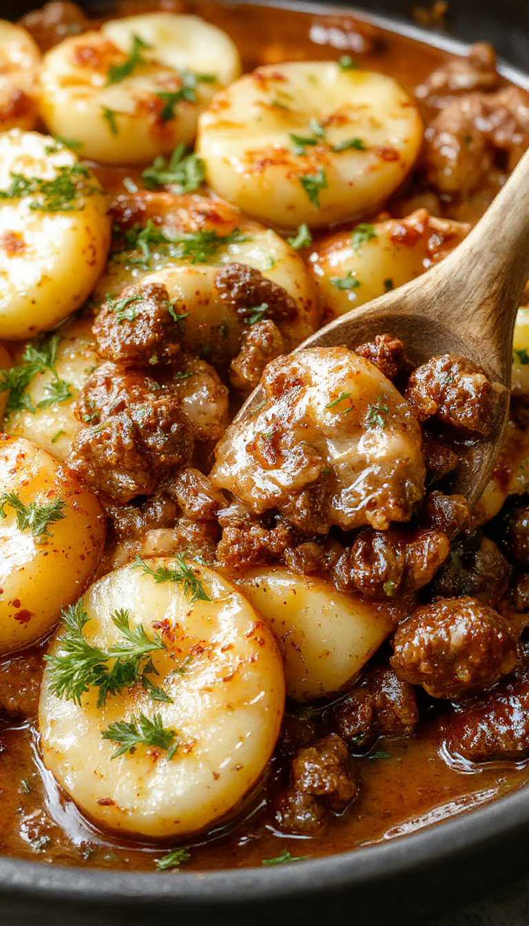 A delicious hearty ground beef and potato hobo casserole served in a baking dish with melted cheese and fresh herbs on top.