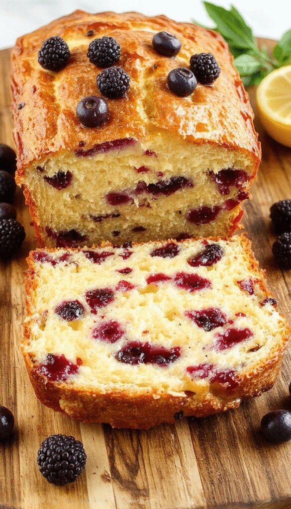 A freshly sliced Lemon Blueberry Yogurt Loaf on a wooden cutting board, garnished with fresh blueberries and lemon zest, with a soft crumb visible inside.