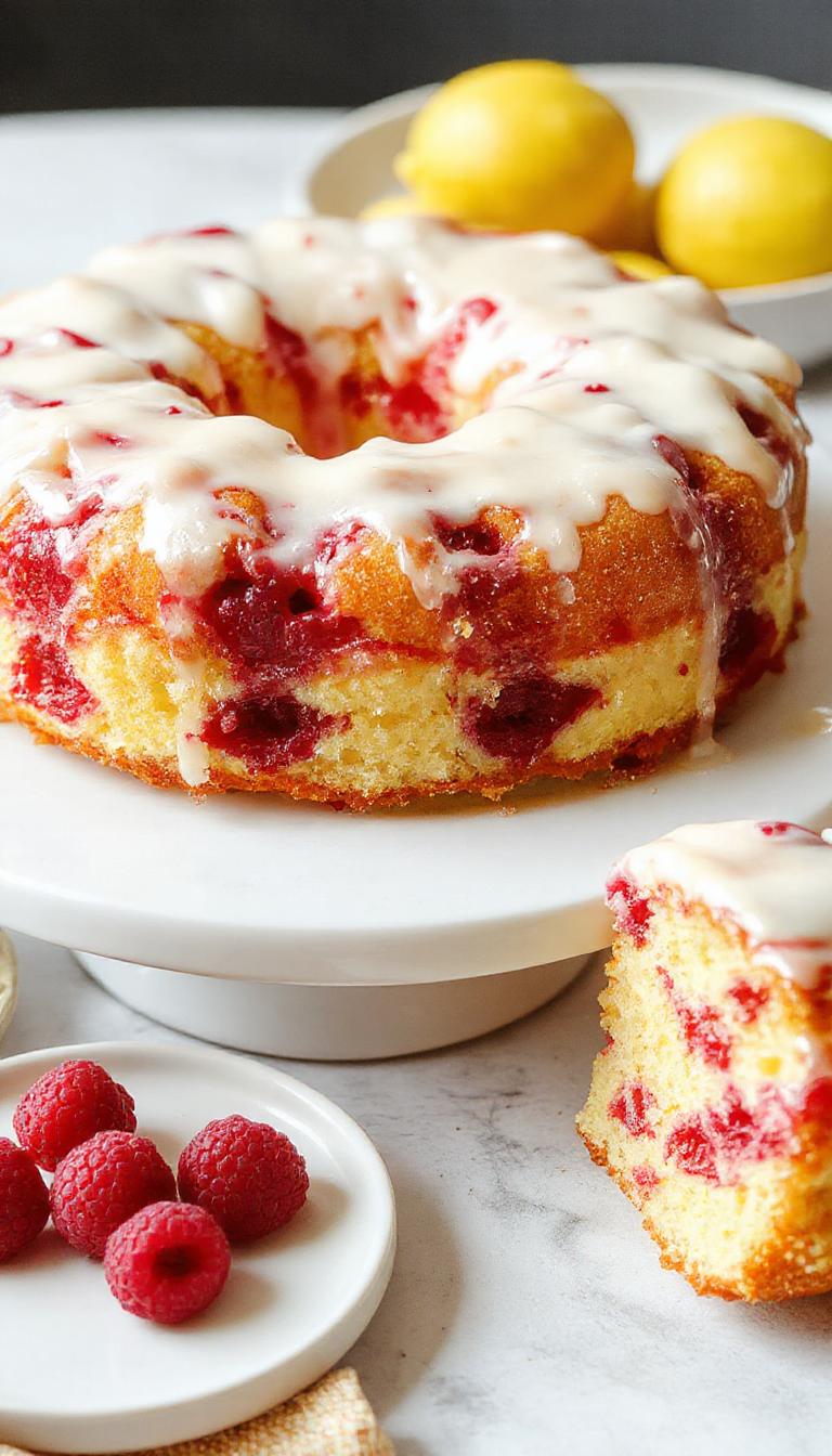 A vibrant Lemon Raspberry Cake with layers of lemon-infused sponge, fresh raspberries, and a drizzle of glaze, garnished with lemon slices and mint.