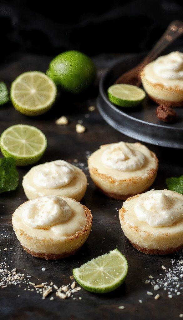 A close-up of mini no-bake key lime pies with golden crusts, topped with fresh whipped cream and lime slices, beautifully arranged on a white plate.