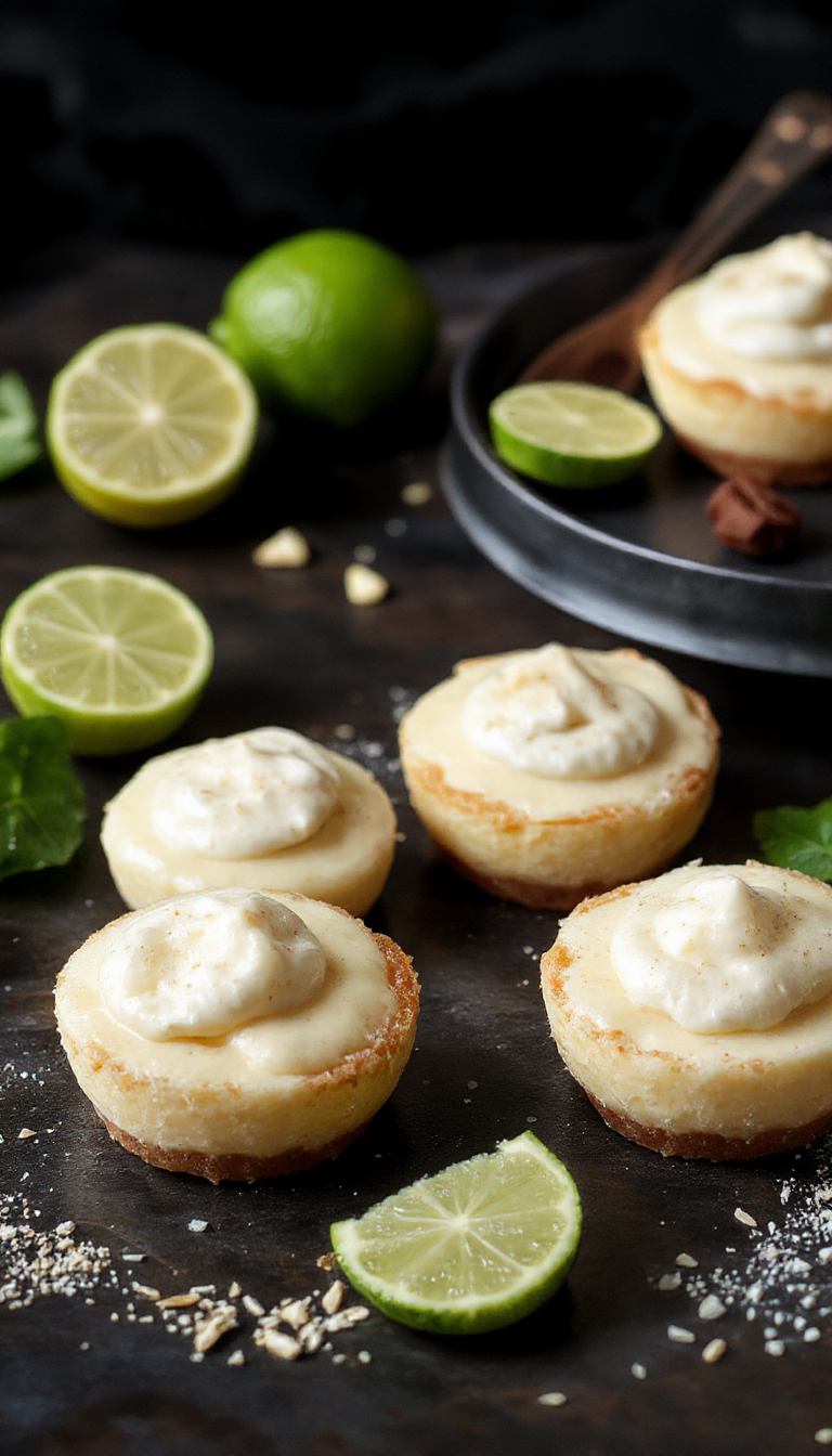 A close-up of mini no-bake key lime pies with golden crusts, topped with fresh whipped cream and lime slices, beautifully arranged on a white plate.