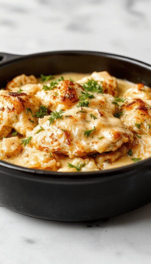 A steaming plate of creamy smothered chicken and rice served on a rustic wooden table, garnished with herbs and a side of vegetables.