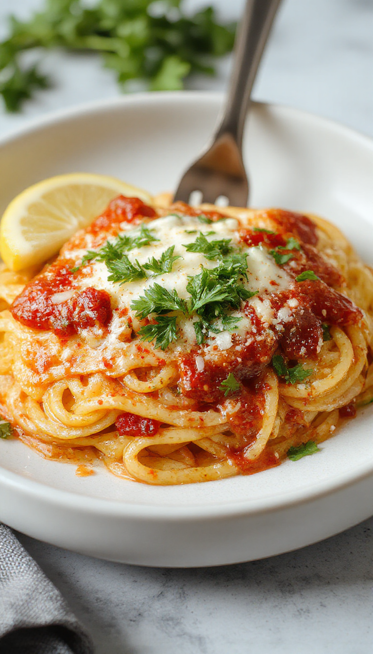 A vibrant plate of Assassin's Spaghetti featuring al dente noodles topped with spicy tomato sauce, herbs, and fresh basil garnishes, with no cheese in sight.