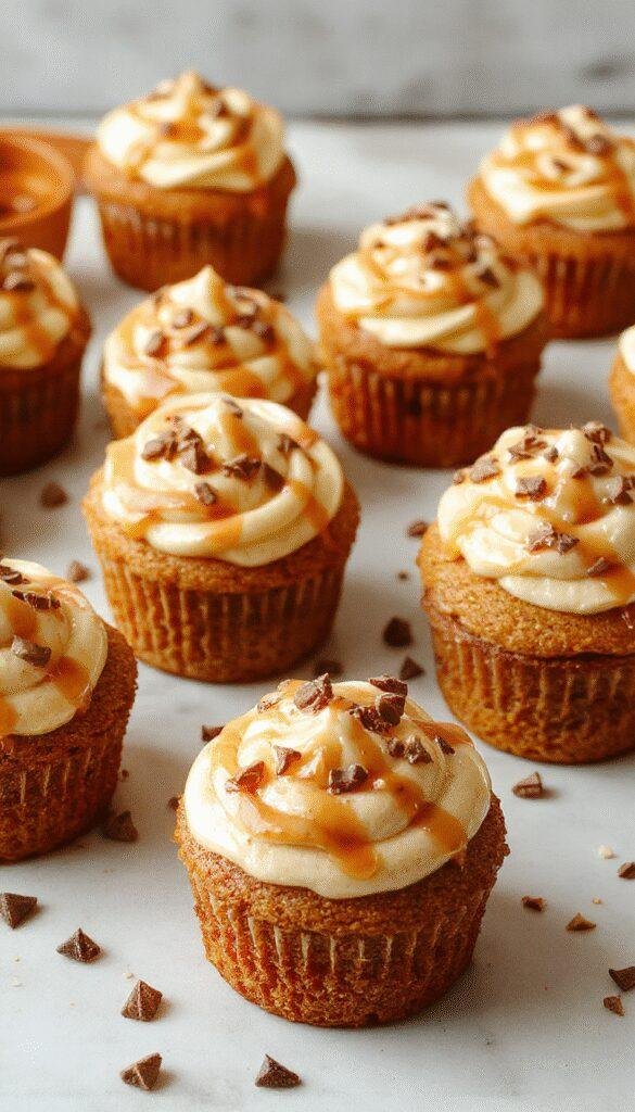 Delicious pumpkin cupcakes topped with salted caramel cream cheese frosting, decorated with caramel drizzle and a sprinkle of sea salt.