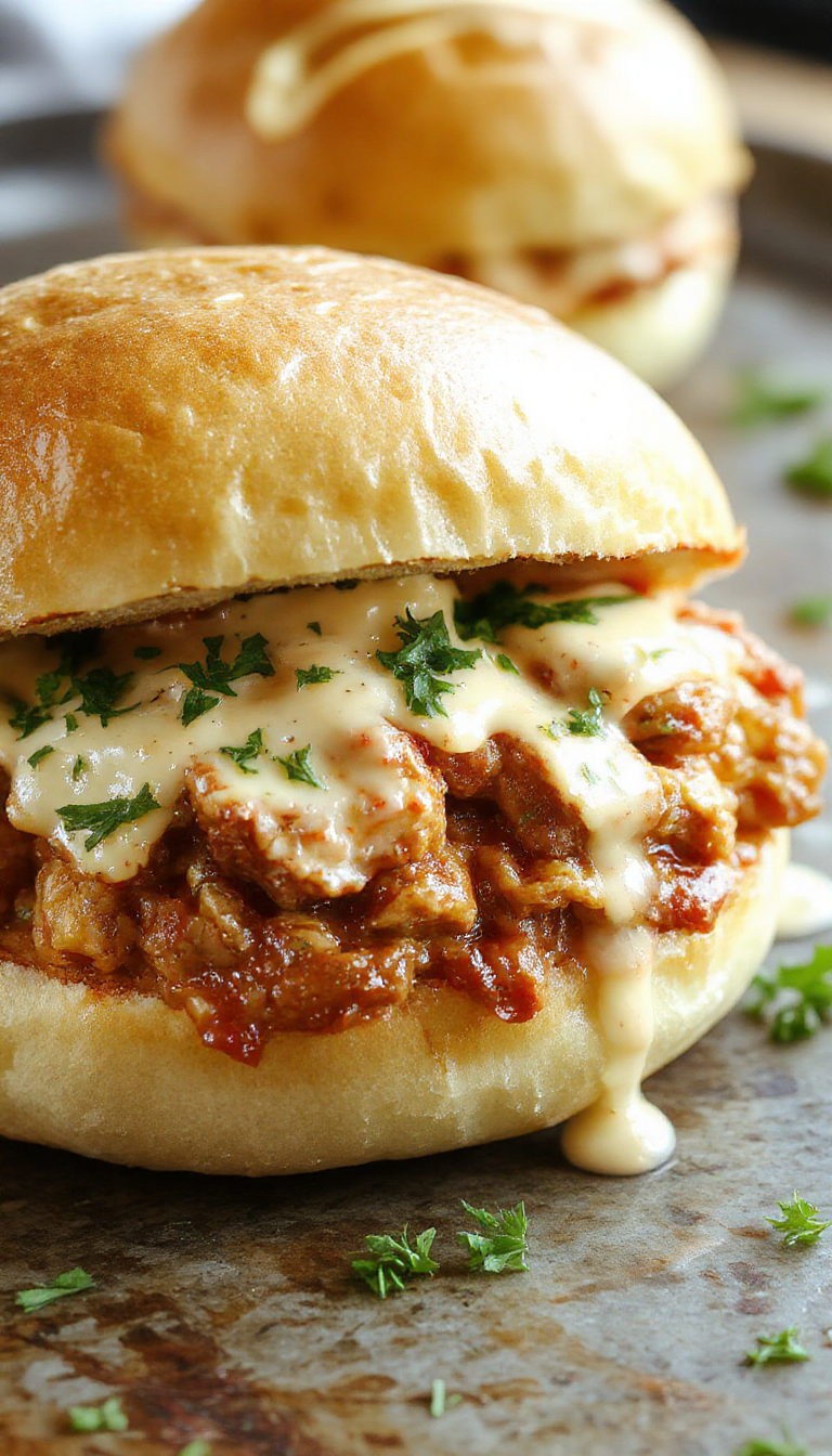 A plate of creamy chicken Alfredo Sloppy Joes served on a bun with a side of fries garnished with parsley.