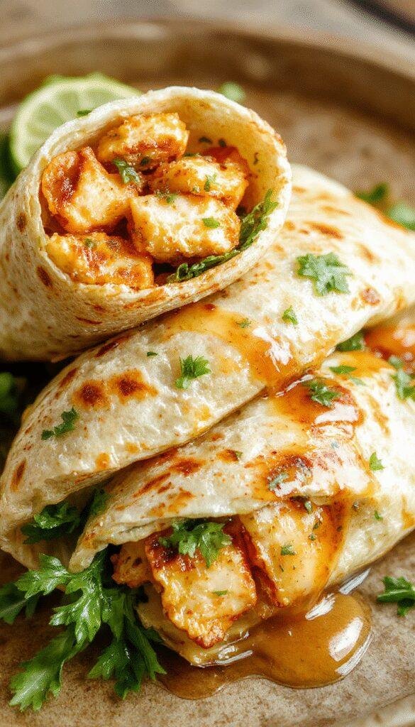 A plate of delicious quick garlic chicken wraps with crispy lettuce and fresh tomatoes, garnished with herbs.