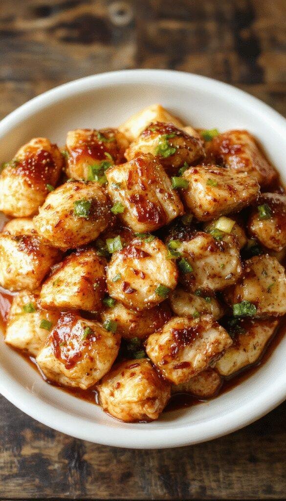 A vibrant plate of sesame chicken garnished with sesame seeds and green onions, served alongside steamed vegetables on a white dinner plate.