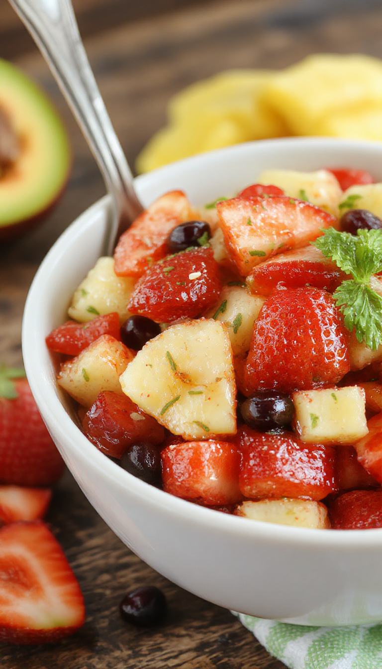 A vibrant summer fruit salad in a clear glass bowl showcasing colorful slices of watermelon, kiwi, strawberries, blueberries, and pineapple, garnished with fresh mint leaves.