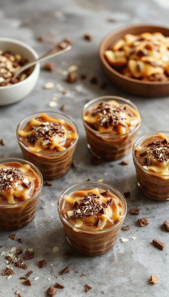 Elegant glass cups filled with silky salted caramel chocolate mousse topped with a sprinkle of sea salt and chocolate shavings.