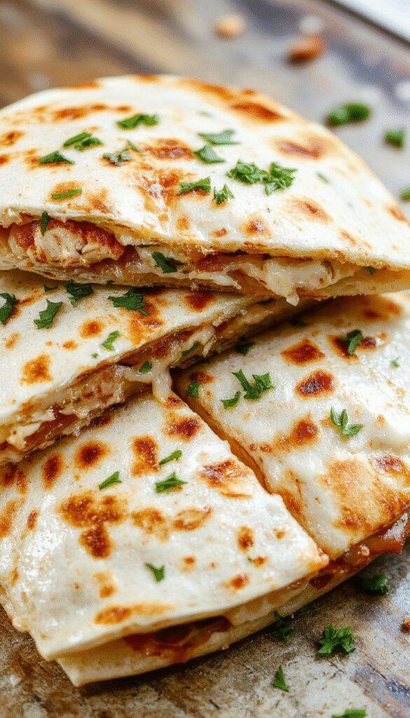 A close-up of crispy chicken bacon ranch quesadillas sliced open to reveal melted cheese, tender chicken, crispy bacon, and creamy ranch filling.