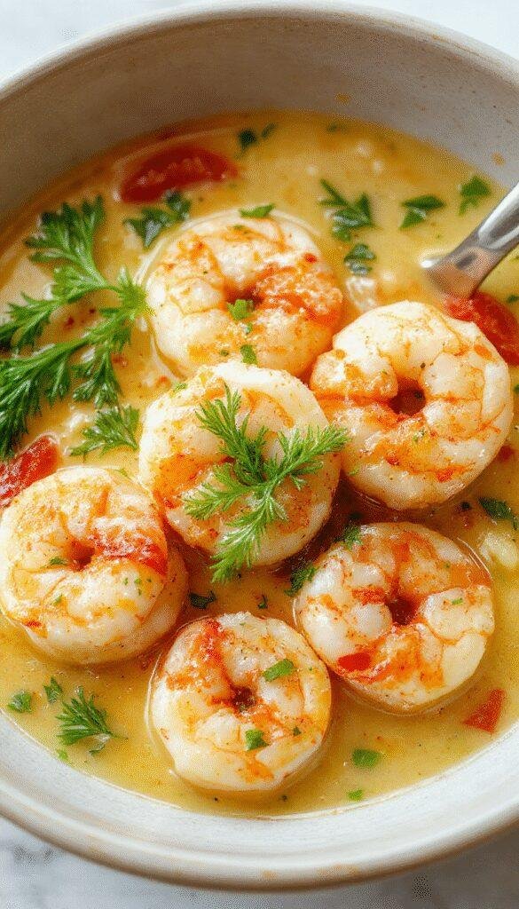 A plate of plump, juicy garlic shrimp coated in a creamy sauce, garnished with fresh herbs on a white dish.