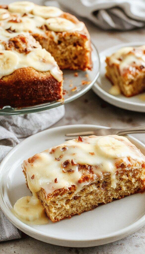 A slice of moist homemade banana cake topped with nuts and a drizzle of glaze, sitting on a rustic wooden plate.