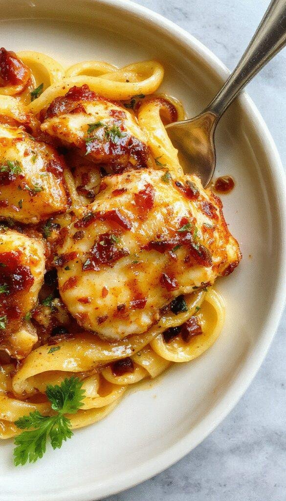 A plate of Simple Honey Pepper Chicken Pasta featuring grilled chicken pieces cooked with honey and black pepper, served over al dente pasta with fresh herbs.