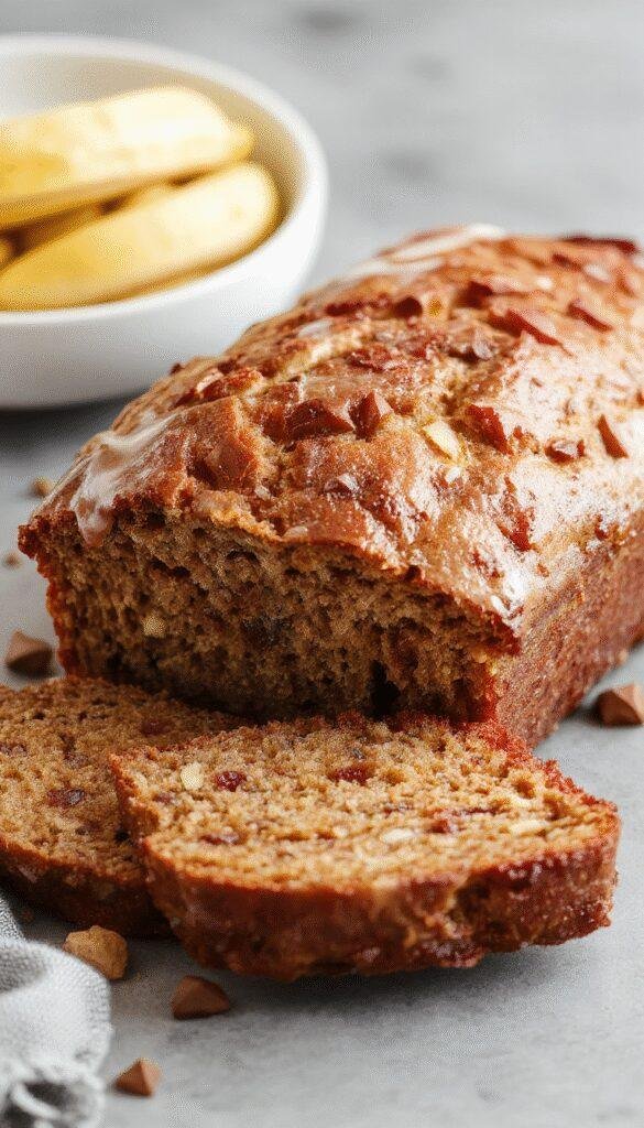 A slices of moist banana bread with a golden-brown crust and soft, fluffy interior topped with banana slices.