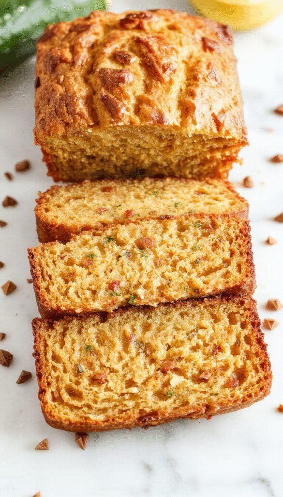 A sliced piece of moist zucchini bread showcasing its soft texture and vibrant green specks of zucchini inside.