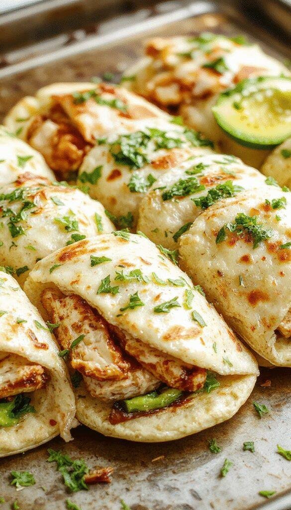 A colorful tray of cooked chicken strips served inside fluffy pita bread with fresh vegetables and a side of dipping sauce.