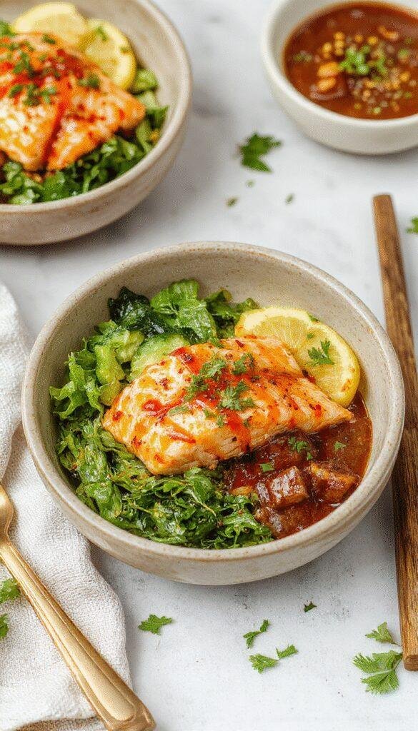 Colorful salmon bowls with spicy honey sriracha glaze, topped with fresh vegetables and herbs, served in a modern bowl setting.