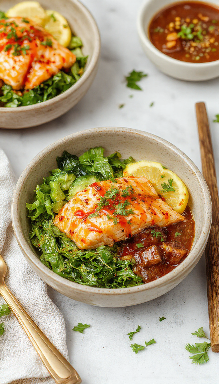 Colorful salmon bowls with spicy honey sriracha glaze, topped with fresh vegetables and herbs, served in a modern bowl setting.