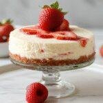 A slice of creamy strawberry cheesecake topped with fresh strawberries and a graham cracker crust, displayed on a plate.