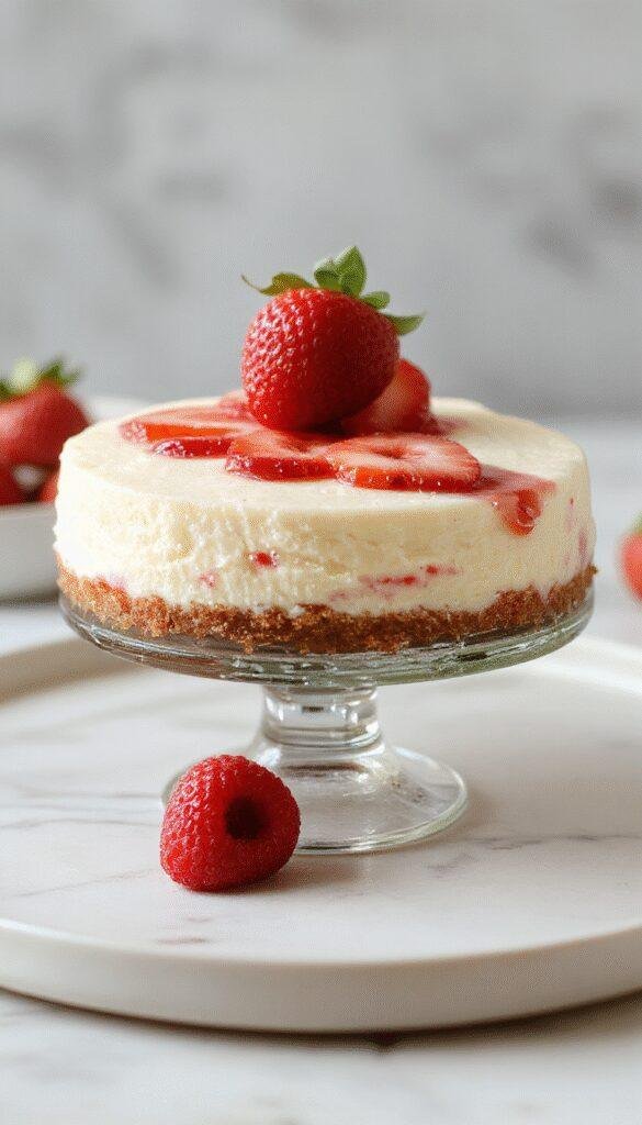 A slice of creamy strawberry cheesecake topped with fresh strawberries and a graham cracker crust, displayed on a plate.