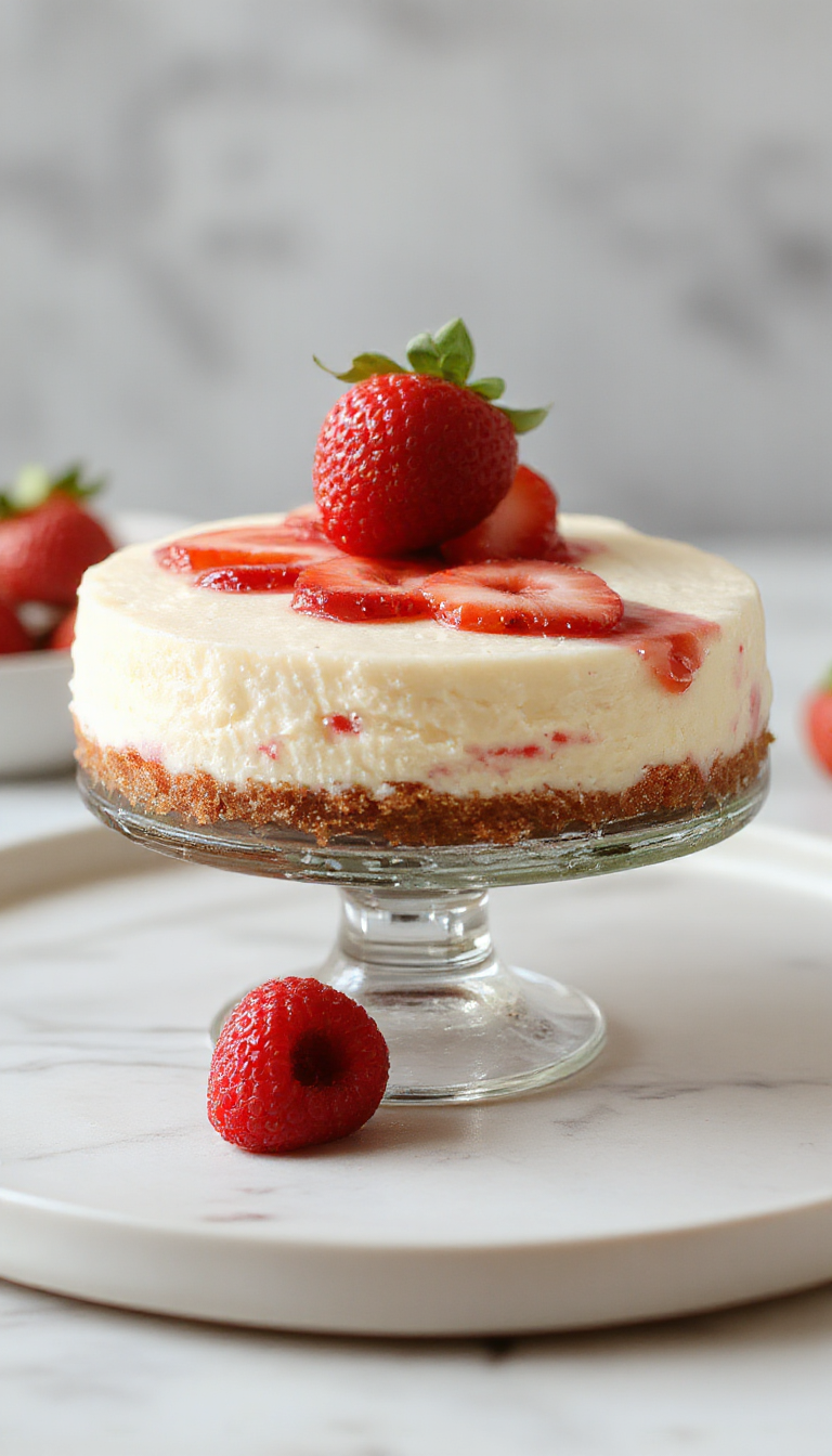 A slice of creamy strawberry cheesecake topped with fresh strawberries and a graham cracker crust, displayed on a plate.