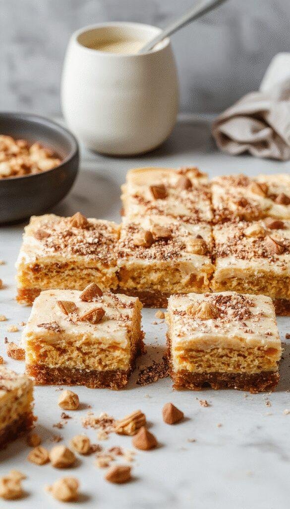Vegan Pumpkin Cheesecake Bars with Biscoff Crust, topped with spiced pumpkin filling and a crunchy cookie base