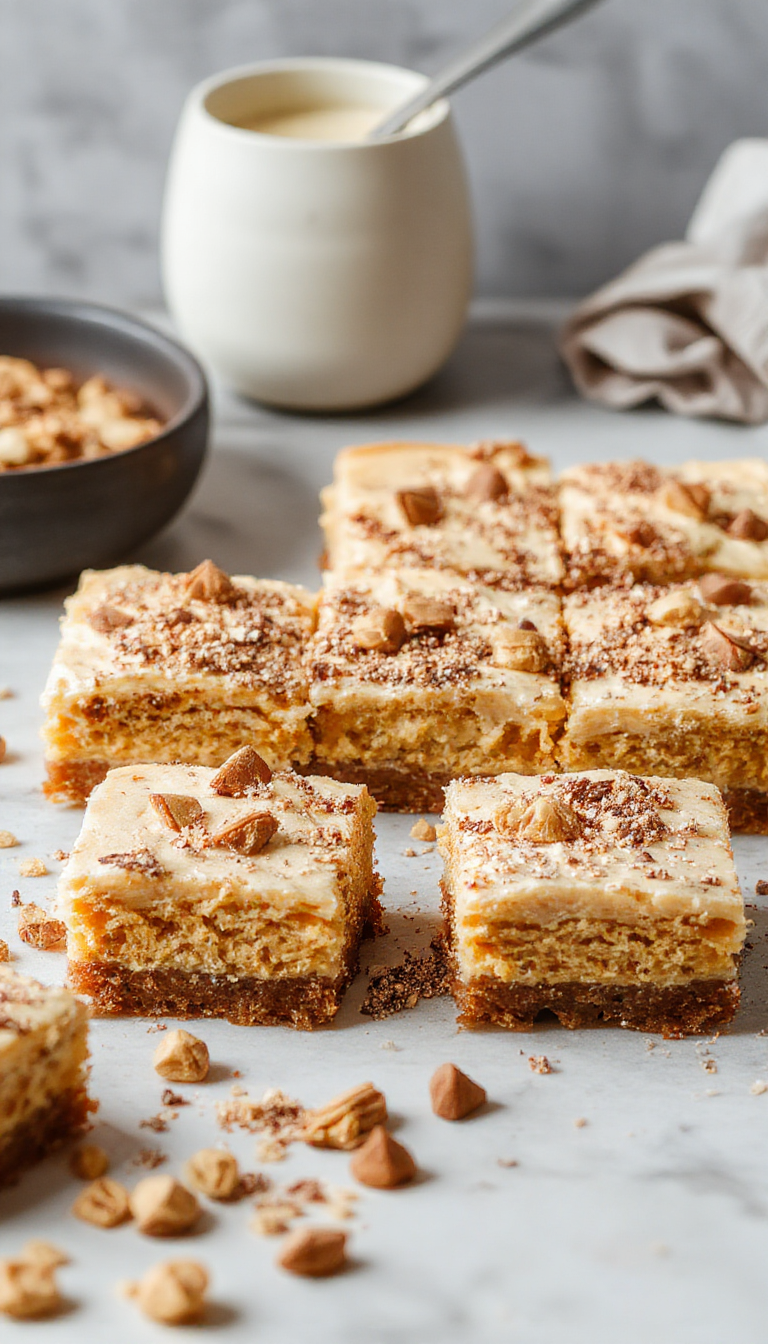 Vegan Pumpkin Cheesecake Bars with Biscoff Crust, topped with spiced pumpkin filling and a crunchy cookie base