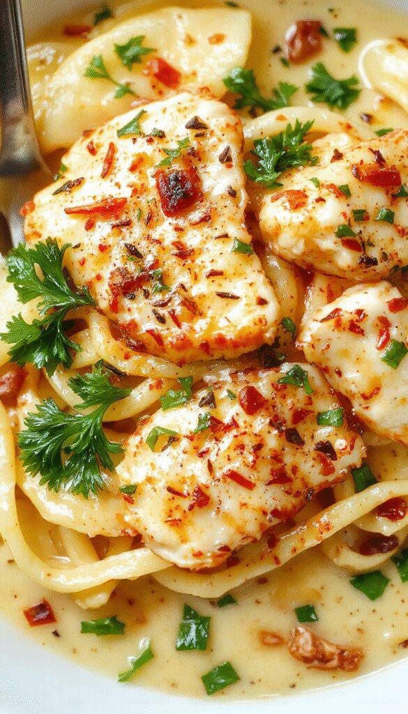 A plate of Zesty Cowboy Butter Chicken Linguine topped with fresh herbs, showcasing creamy pasta with tender chicken pieces and spicy zest.