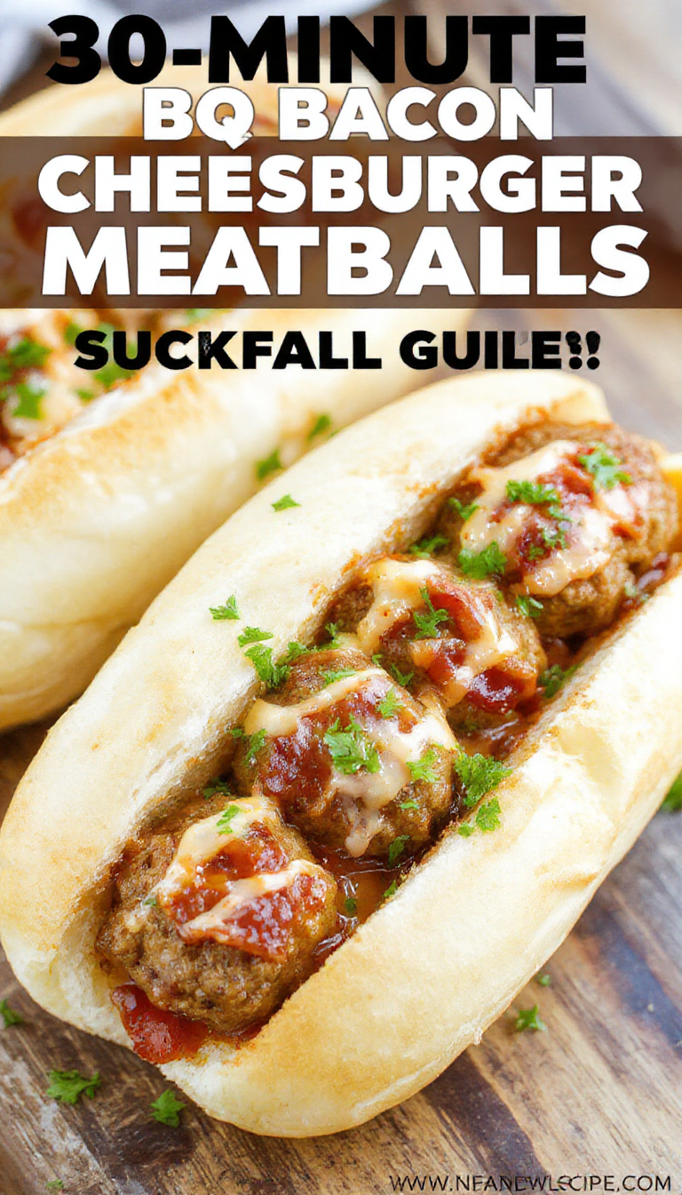 A delicious plate of 30-Minute BBQ Bacon Cheeseburger Meatball Subs garnished with fresh herbs and melted cheese