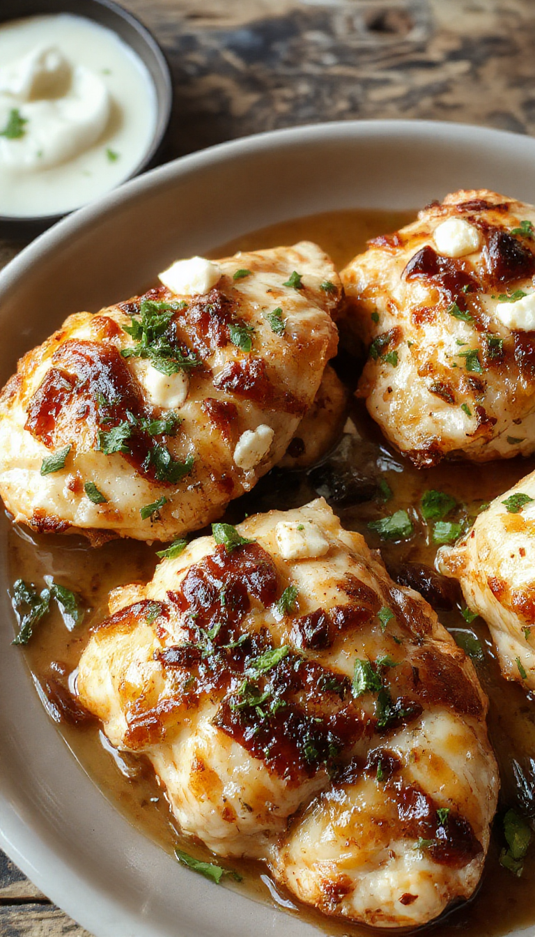 A plate of crispy feta chicken glazed with a sweet and spicy sauce, garnished with fresh herbs, served alongside colorful vegetables.
