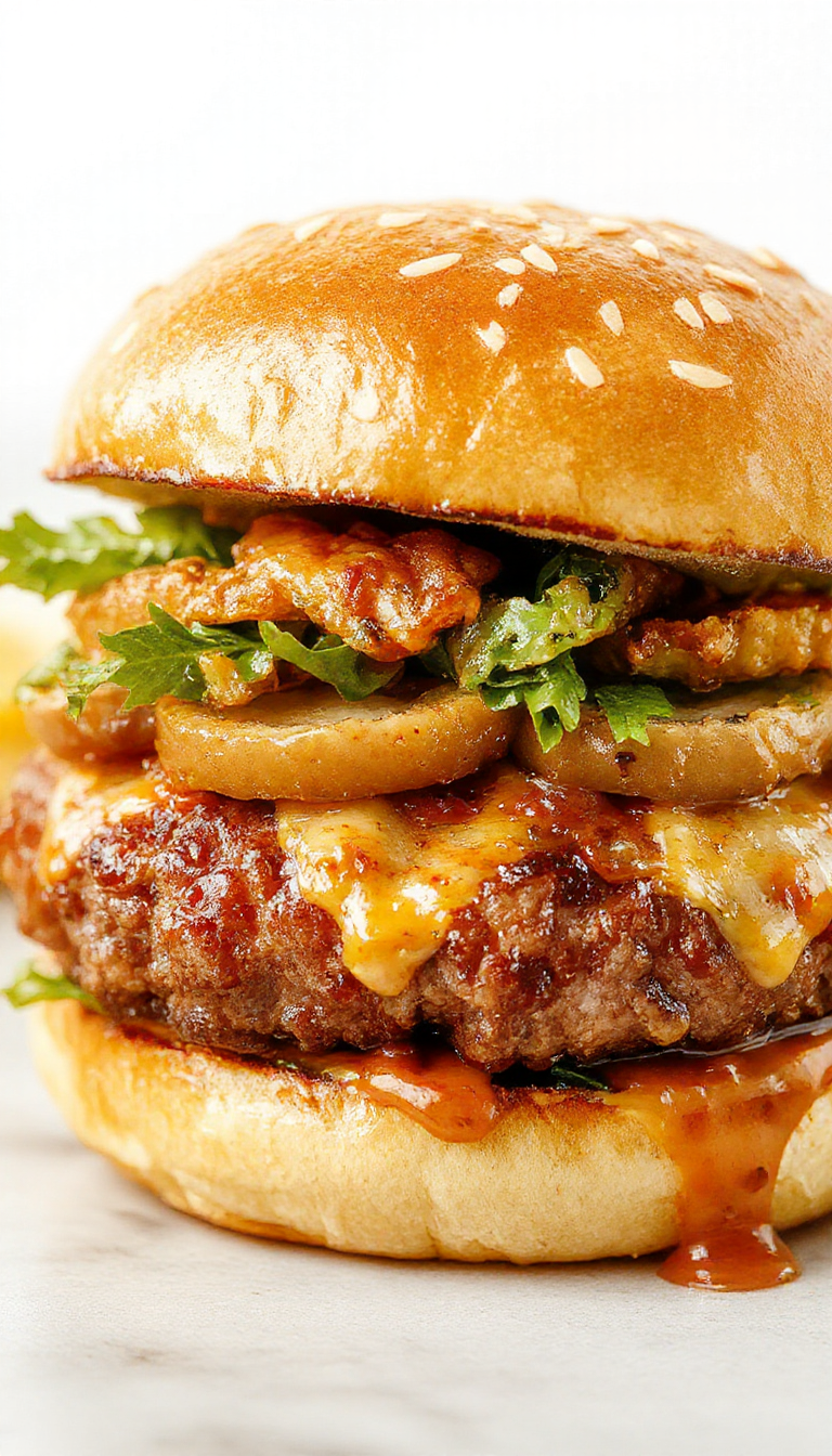 A juicy burger with fresh vegetables and a whole-grain bun, showcasing a healthier twist on a classic meal.