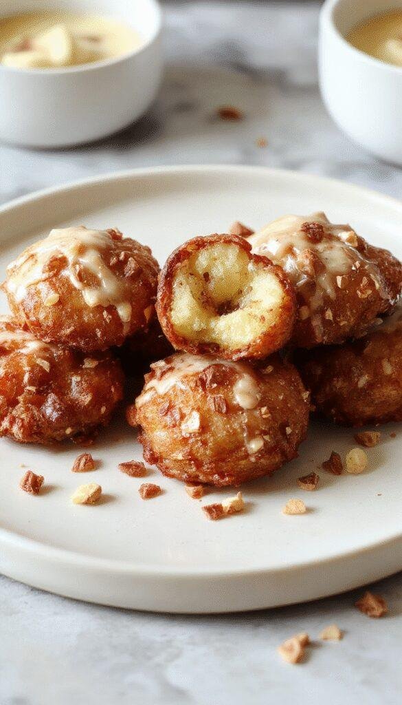 Golden air-fried apple delights garnished with cinnamon and powdered sugar on a rustic plate