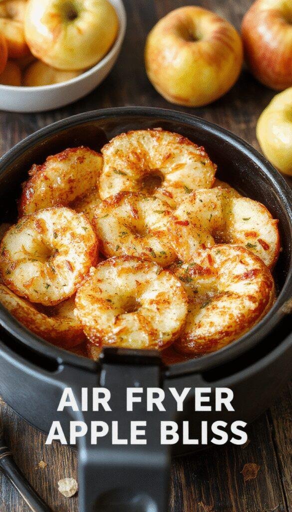 Golden brown apple slices in an air fryer, garnished with cinnamon and powdered sugar, showcasing a crispy and delicious apple treat.