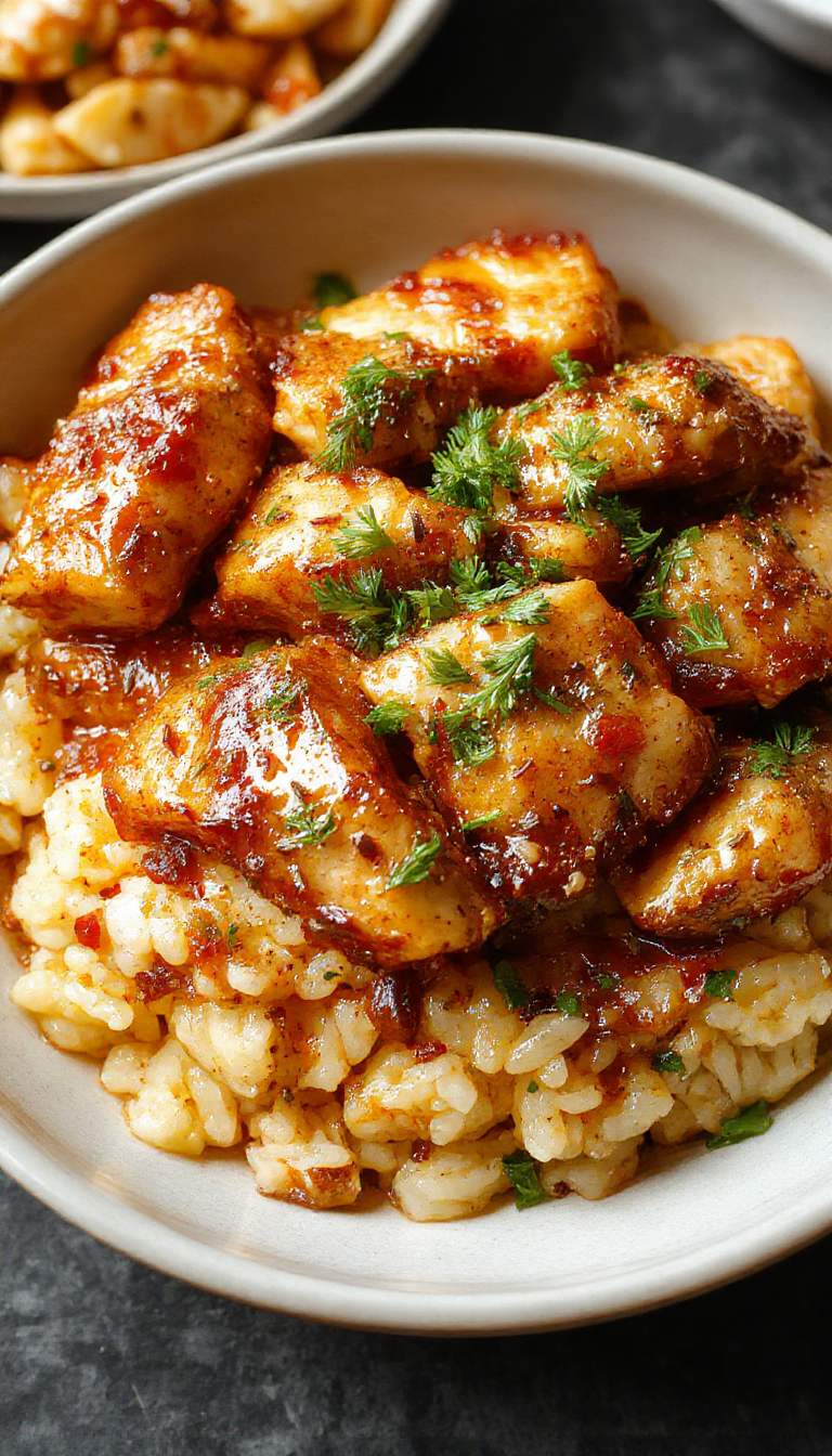 A plate of aromatic golden garlic-ginger chicken served alongside fluffy rice, garnished with fresh herbs and slices of lemon.