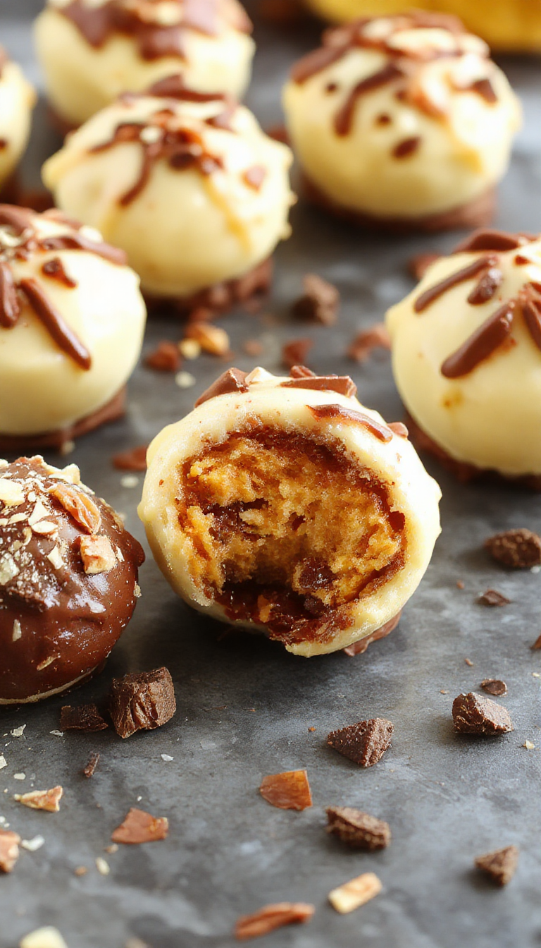 Close-up of several Autumn Dream Truffles: Decadent Pumpkin Cheesecake Bites with a rich, creamy filling coated in chocolate and sprinkled with cinnamon on a rustic plate.