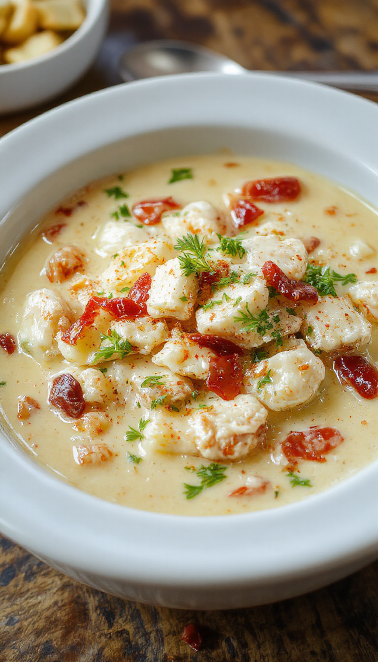 A warm bowl of creamy white chicken chili garnished with fresh cilantro and shredded cheese, served alongside beside tortilla chips on a rustic wooden table.