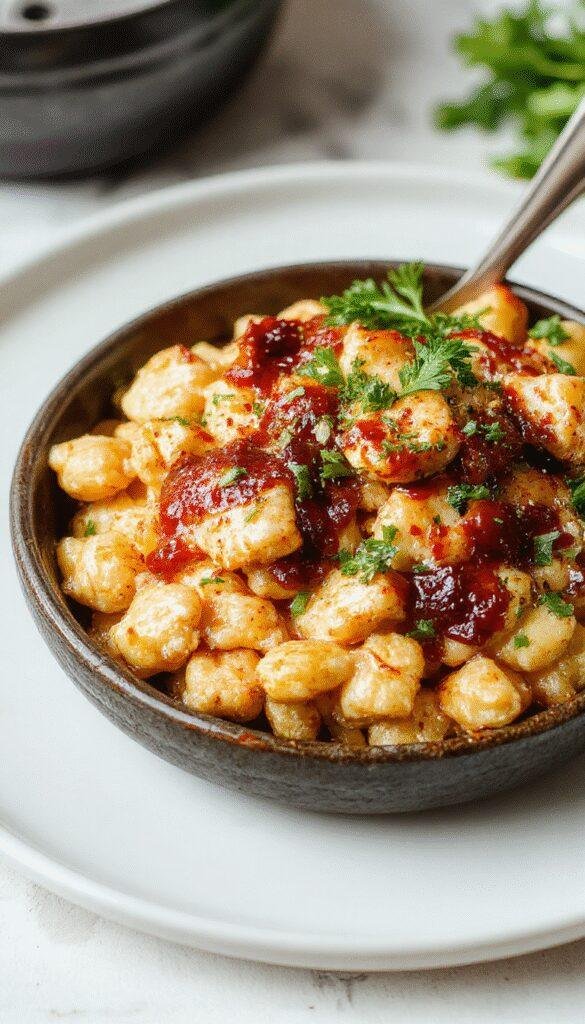 A creamy BBQ chicken mac and cheese dish served in a bowl, topped with shredded cheese and chopped green onions, with a side of cornbread.