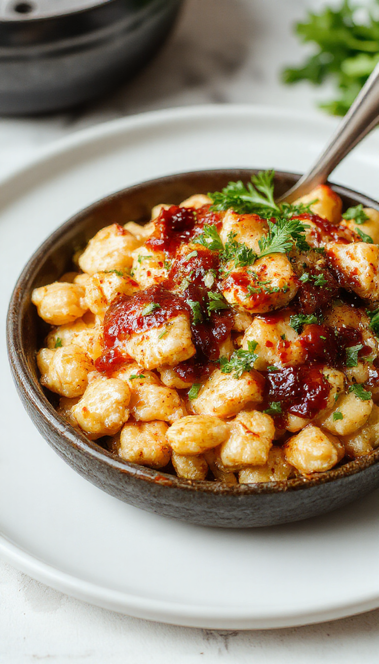 A creamy BBQ chicken mac and cheese dish served in a bowl, topped with shredded cheese and chopped green onions, with a side of cornbread.