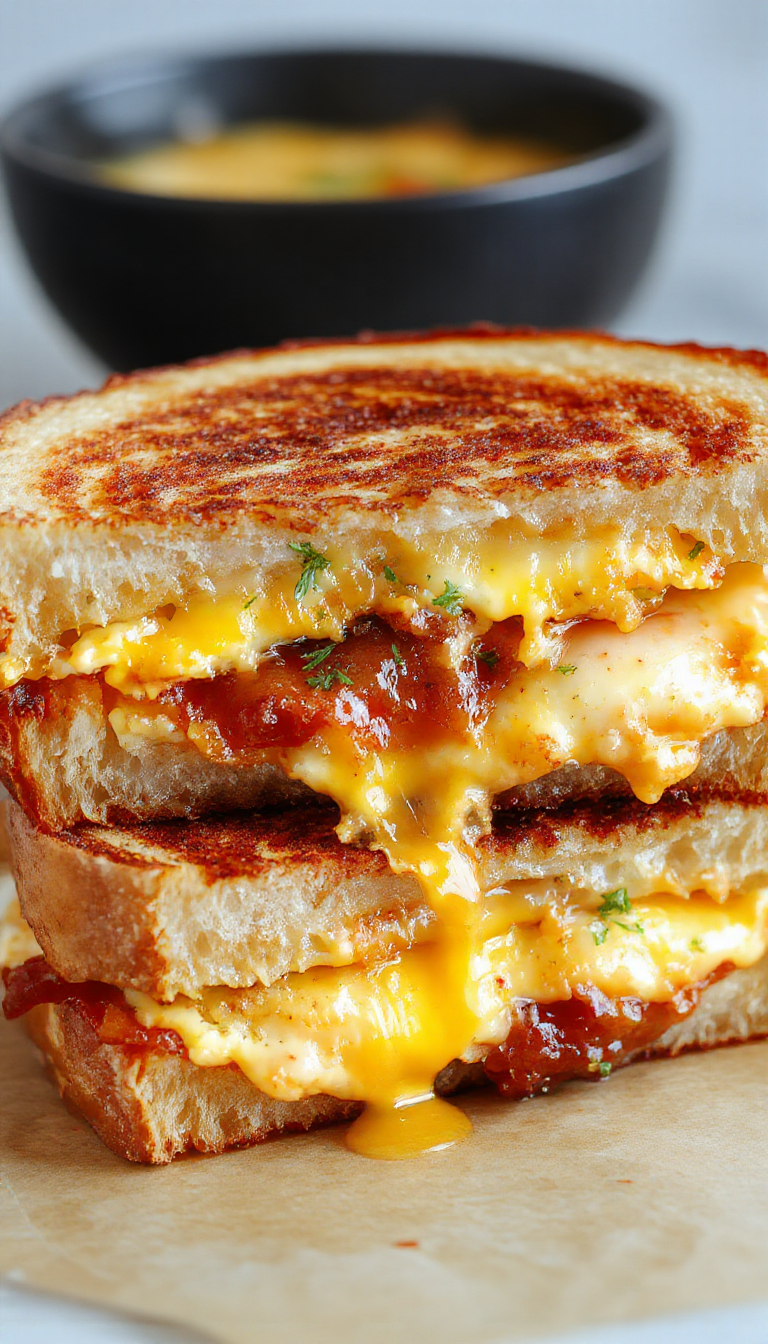 A crispy grilled cheese sandwich filled with savory bacon, scrambled eggs, and melted cheese, served on a rustic wooden board.