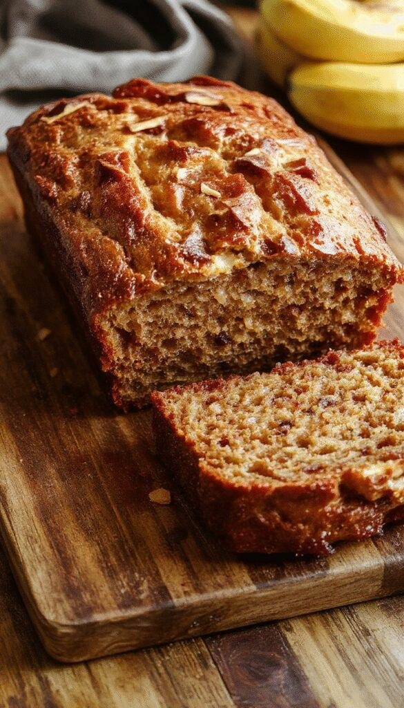 A sliced golden banana bread loaf with a soft crumb and ripe banana slices on top, served on a rustic wooden table.
