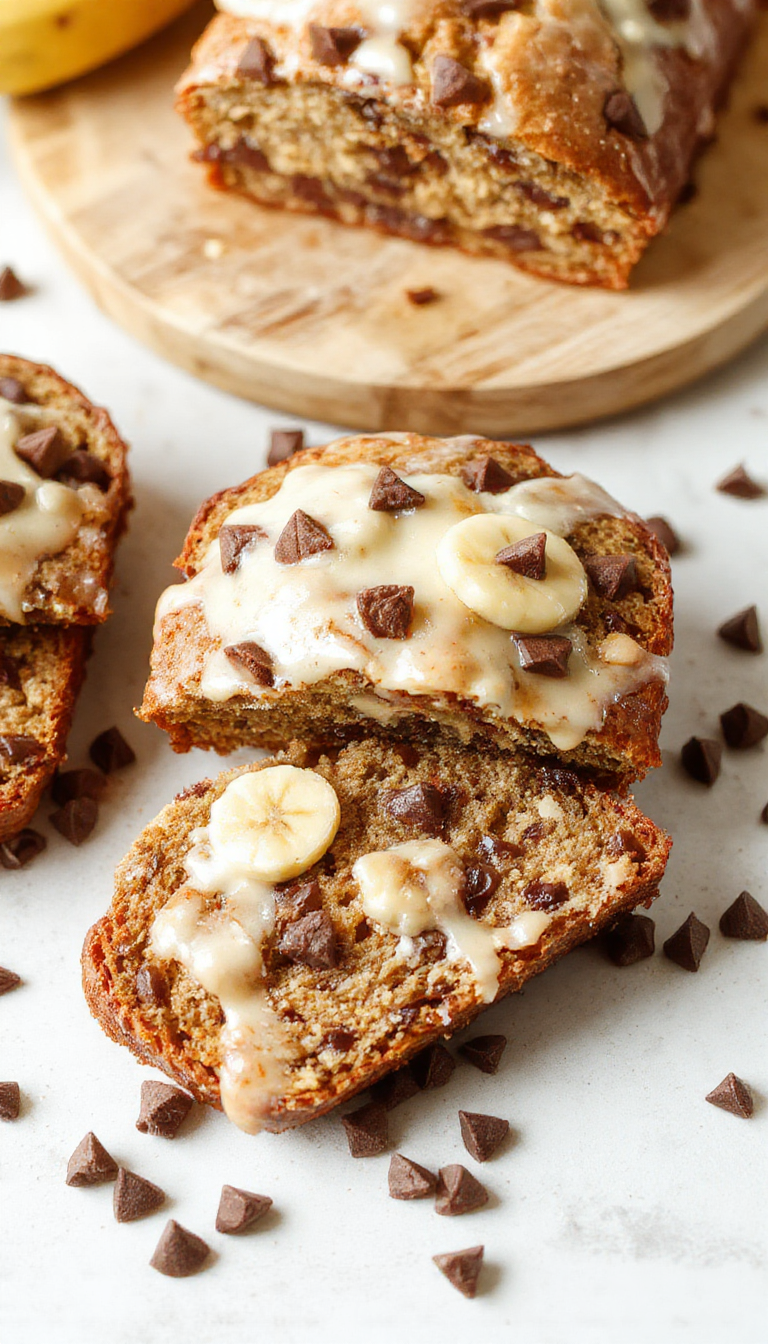 A freshly sliced loaf of Best Ever Chocolate Chip Banana Bread showing moist banana chunks and melty chocolate chips on top