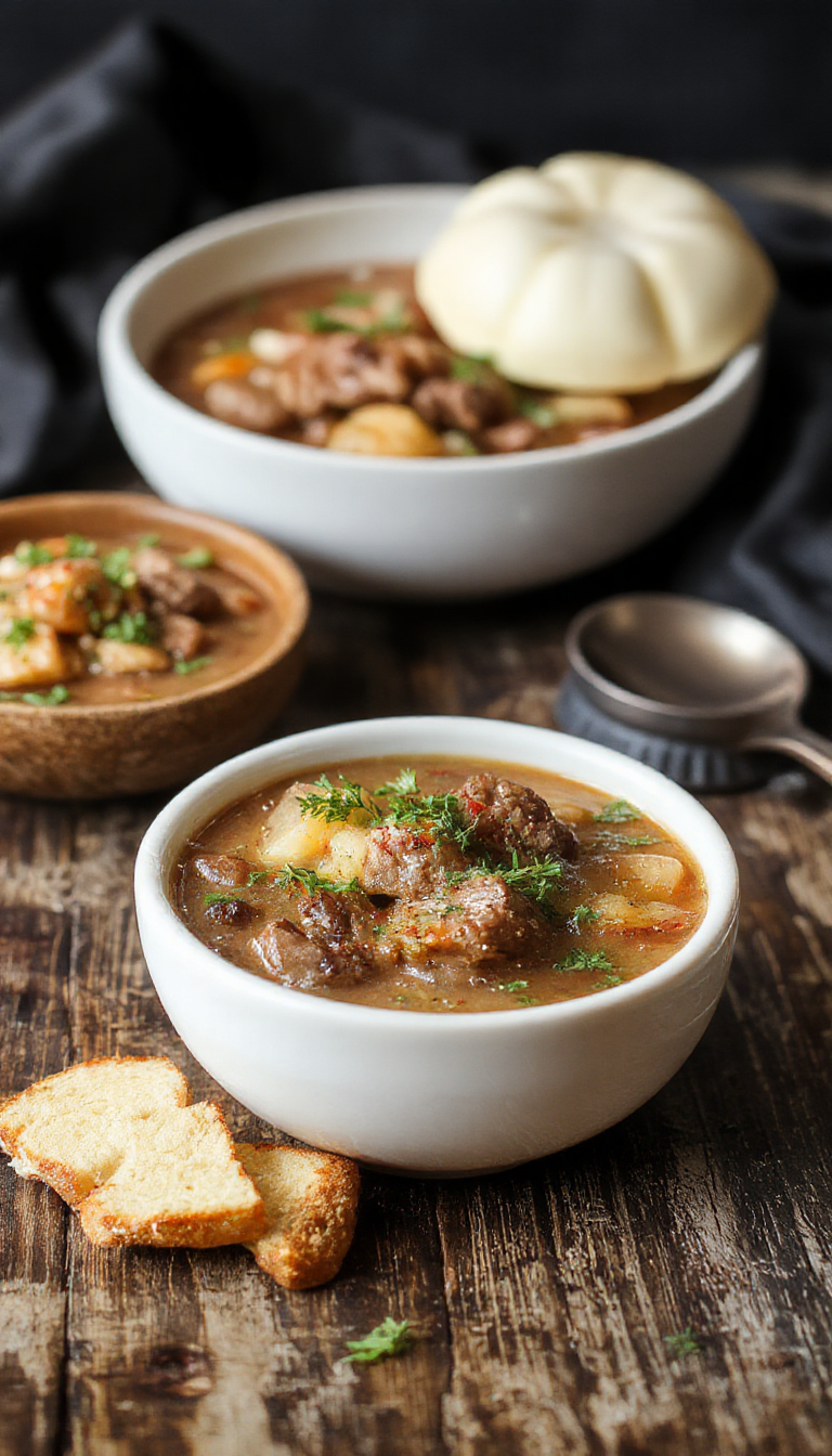 A steaming bowl of Bewitching Beef Stew with tender beef chunks, carrots, potatoes, and herbs, perfect for Halloween dinner.