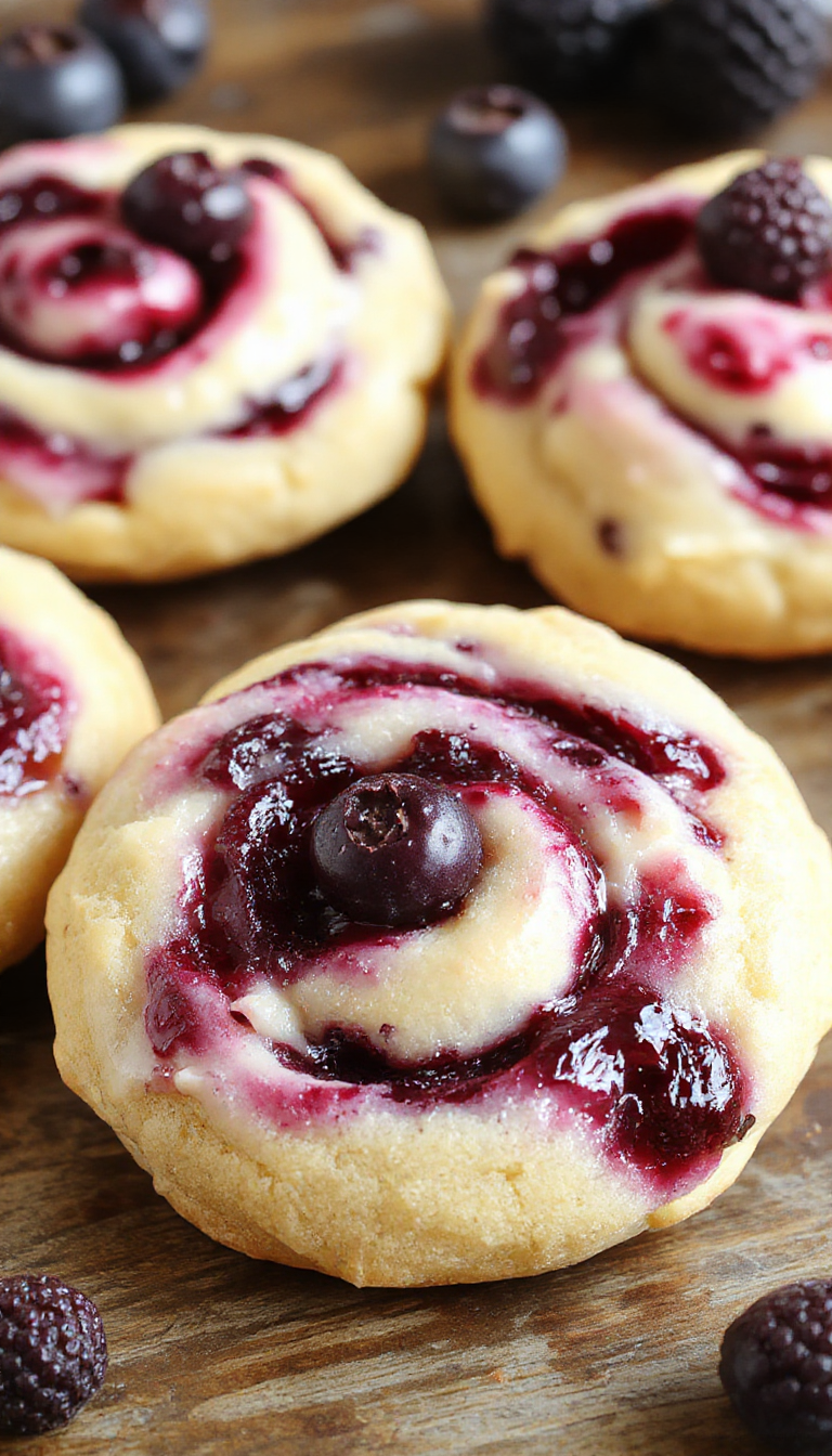 Close-up of Blueberry Cheesecake Swirls cookies with vibrant blueberry filling and creamy cream cheese texture