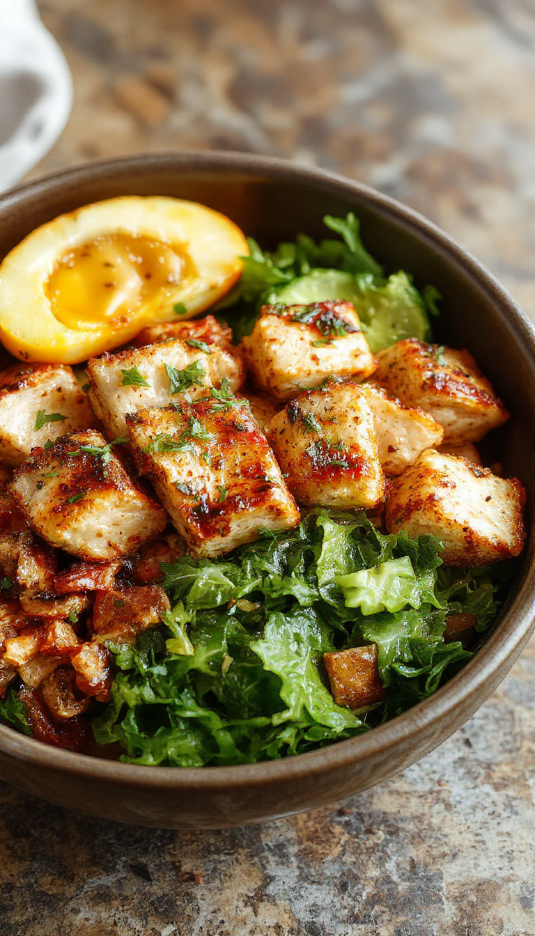 A vibrant bowl filled with tender grilled chicken, colorful vegetables, and fluffy rice topped with fresh herbs, perfect for a hearty weeknight meal.