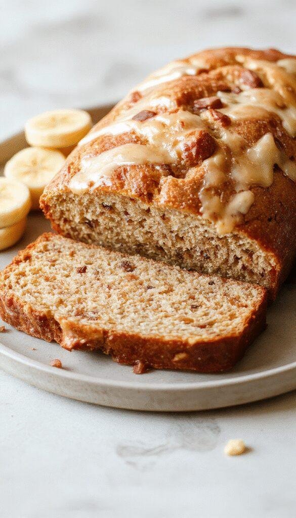 A sliced loaf of budget-friendly banana bread on a rustic wooden table, with a few banana slices and a cup of coffee beside it.