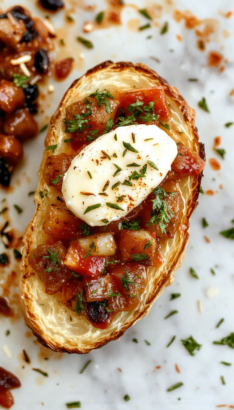 A close-up of Burrata Bruschetta topped with fresh tomatoes and basil on toasted bread slices, drizzled with balsamic glaze.
