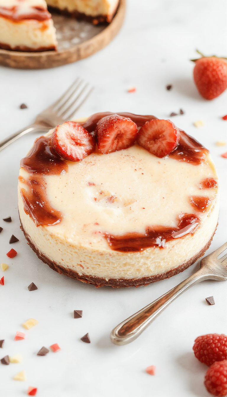 A luscious Celebration Cheesecake topped with colorful sprinkles and fresh strawberries on a decorative plate.